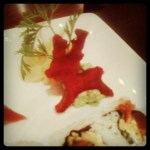 It's a deer garnish made of beets from my fave sushi restaurant. Also, an obsession..fun and creative garnishes. 