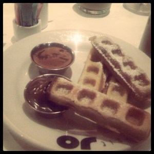 Possibly the best dessert I've ever had ...waffles with salted caramel and nutella.  (I'm a Nutellaholic)