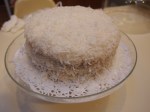 Frosted cake covered in Coconut Flakes!