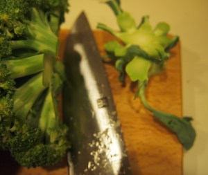 Chop the broccoli stem off and seperate the crowns into larger than bite sized pieces (chopping them in half etc)