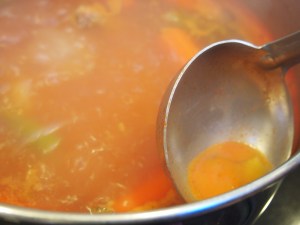 About an hour into boiling you can begin skimming the fat from the top.  The fat is real minimal because of how it was cleaned, but there is still fat to skim.