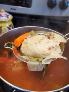 After 1.5 hours of boiling, the soup is done.  Now you have to remove all the items and set them aside.  The chicken can be shredded for when you add in cooked pasta to it, or it can be used for salads or anything!
