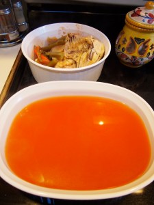 Shown the meat and veg that was removed, and then 2 quarts of strained soup ready to be put away for later this week.