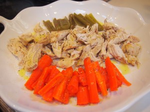 Here is our left over chicken with carrots and celery.  I love placing everything on a platter, drizzling a good olive oil over it then sprinkling salt and freshly cracked pepper on top.  SO YUMMY!    