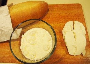 This night we used French Bread, but any hearty crusty fresh bread will work.  Grated Romano and fresh mozzarella