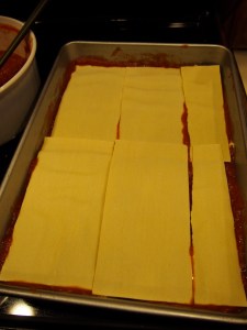 2nd layer of pasta- repeating with layering the mixture and sauce on top, repeat...