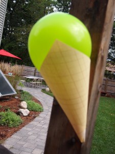 Ice Cream cone decorations I made. The photo is blurry sorry. But this is a vibrant colored balloon inflated and glued into a piece of paper printed and rolled to look like a waffle cone.  I hung them all around the yard and inside the house.