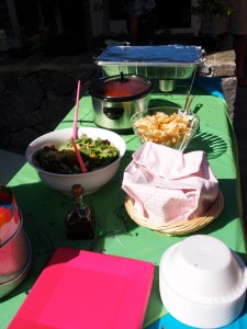 The food table. We made chili and mac n'cheese, then a salad and corn bread too.  Everything disappeared in minutes!!