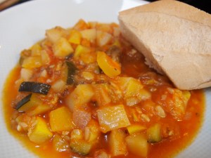 Dish is DONE! Caponata with a nice slice of bread.