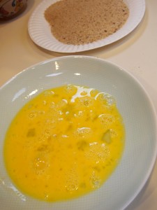 Egg wash and Bread Crumbs.