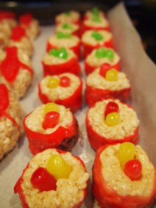 With these, I rolled the treats and placed Mike and Ikes in the center, then covered with a strip of rollup on the outer edge to mimic Maki Rolls.  Super cute! And yum!