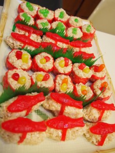 All set up on a Japanese styled plate separated with sushi grass.