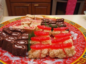 Cut up some premade cake rolls to make it look like a mix of sushi. Super cute!
