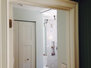 View from living room as you enter the bathroom.